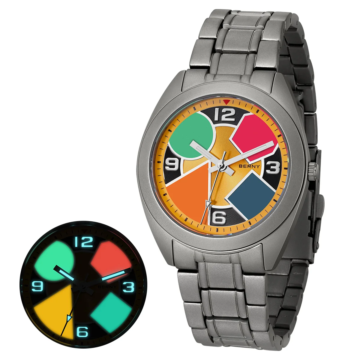 BERNY Titanium Watch for Men AR Coating Sapphire Contrasting Geometric Dial Multi-color Luminous Canvas Titanium Watch for Men