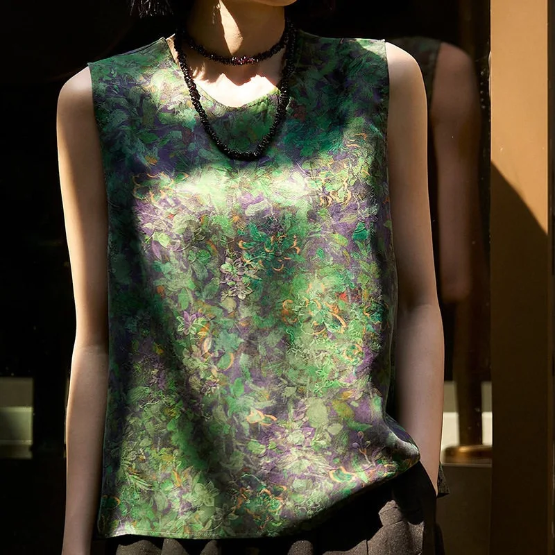 New Chinese Green Purple Botanical Print Sleeveless Vest Top Round Neck Loose Fit Vintage Blouse For Women Party Commuted Outfit
