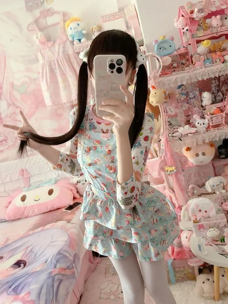 

Spring Summer New Cute Sleeveless Strap Dress Japanese MP Cartoon Printed Sweet Girl Hooded Dress Fairycore Aesthetic Y2k Dress