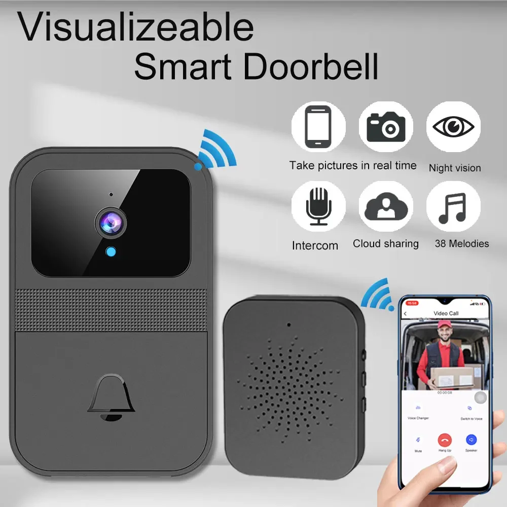 Smart Home Wireless Video Doorbell 2-Way Audio HD Video Doorbell Camera Cloud Storage Night Vision 2.4G WiFi for Home Office