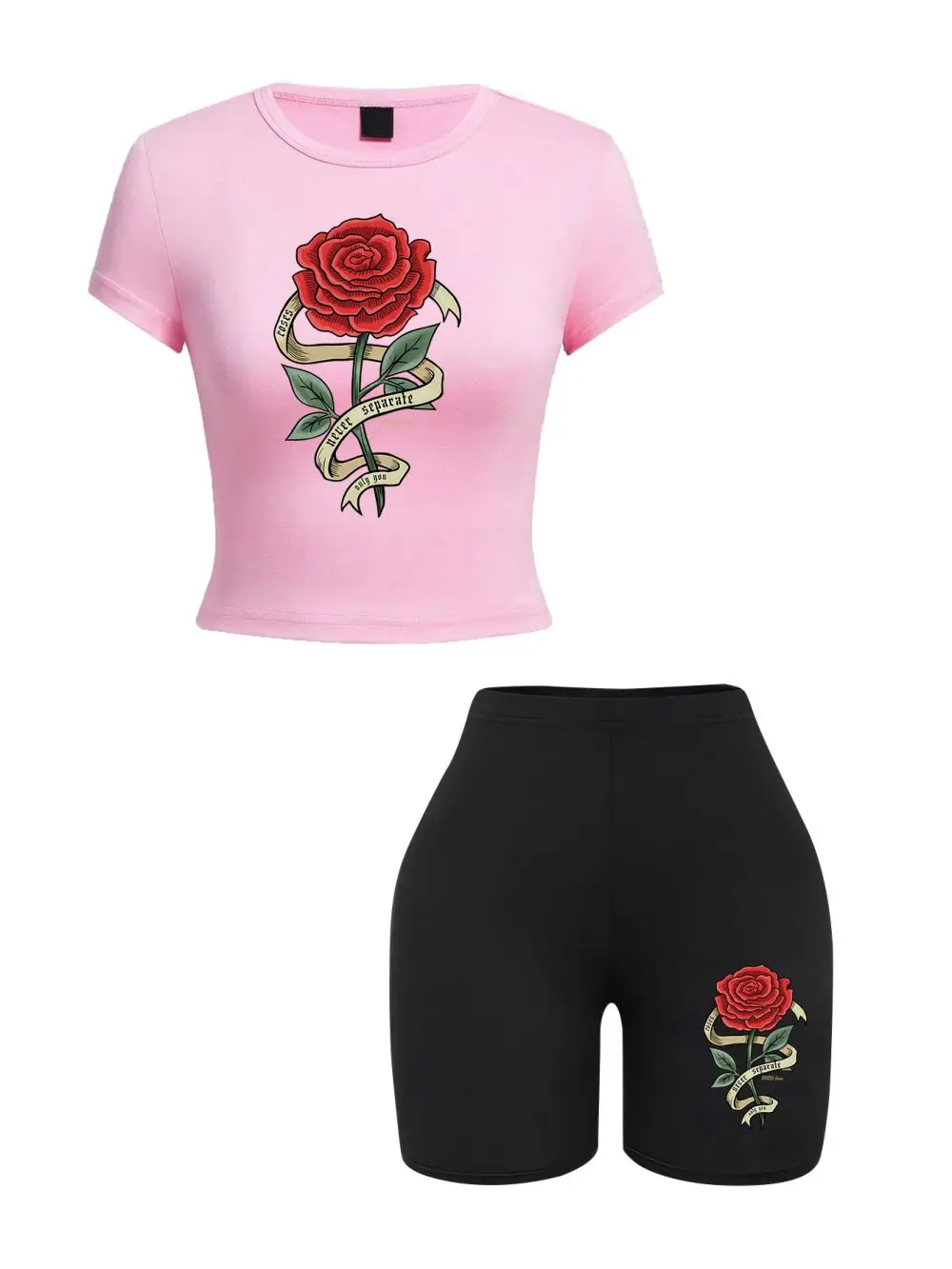 Trend Woman Crop T-Shirts & Shorts Two Pieces Set Red Roses Wrapped In Ribbons Prints Tops Slim O-Neck High Elastic Soft Clothes