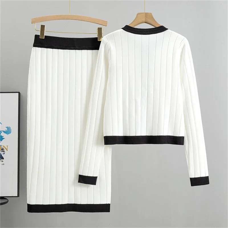 Women Korean Knitted Skirts 2 Piece Sets Button O-neck Vintage Sweater Cardigan Suits Spring Malhas Straight Faldas Z540