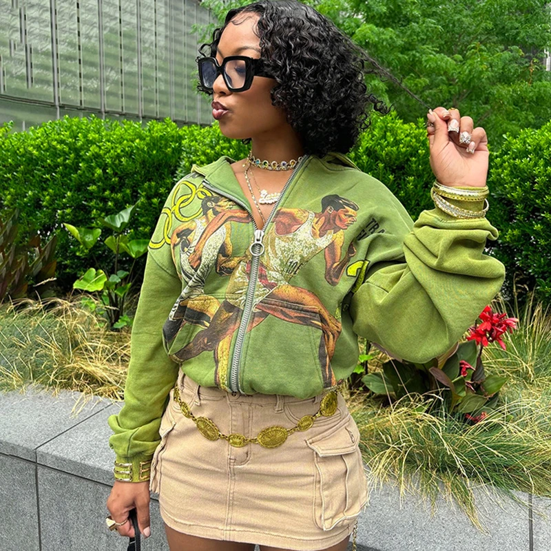 Sifreyr Zip-up Print Hoodies Women Autumn Green Long Sleeve Hooded Coats Fashion Streetwear Casual Loose Graphic Academia Tops