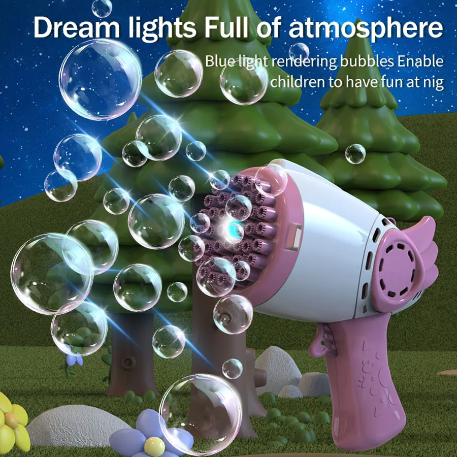 Het 40-spuitmondige, volautomatische Angel Wings-belletjespistool – een stijlvol handzaam speeltje dat een feestelijke sfeer toevoegt aan een bruiloft in de buitenlucht.