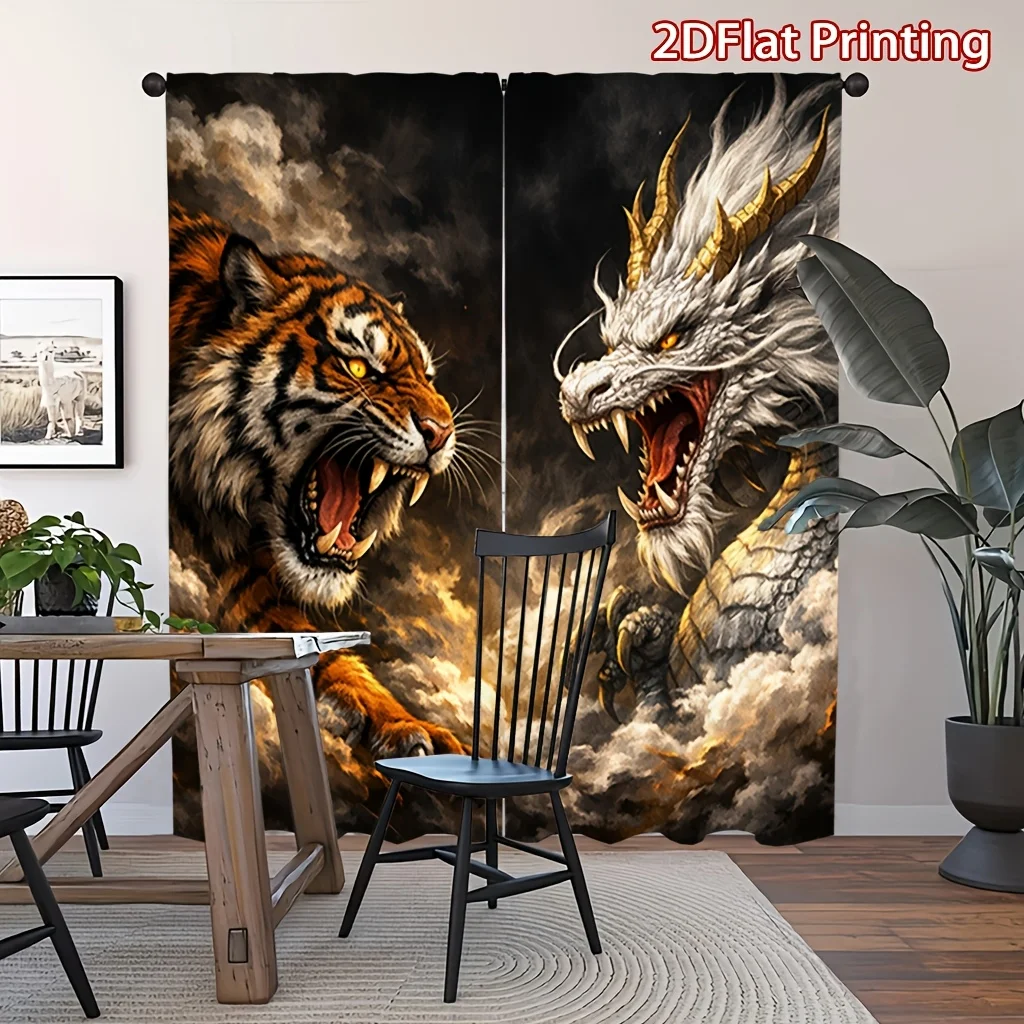 2pcs White Dragon and Roaring Tiger Print Curtains Semi-Blackout Window Drapes Home Decor for Bedroom Living Room