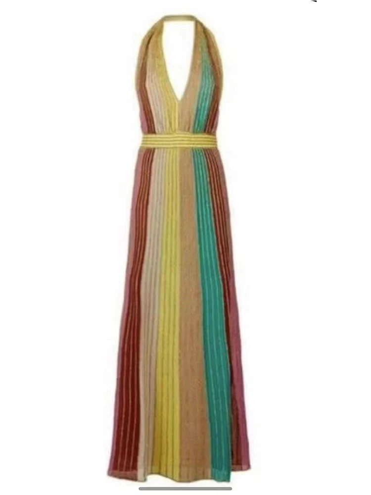 

Retro color stripes sexy V-neck sleeveless halter dress 2024 summer women's new fashion elastic tight knit A-line skirt