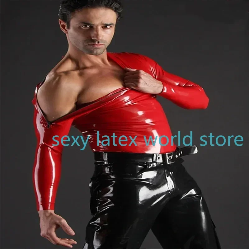 

Сексуальная мужская красная латексная верхняя резиновая плотная футболка с двойным плечом на молнии Gummi 0,4 мм