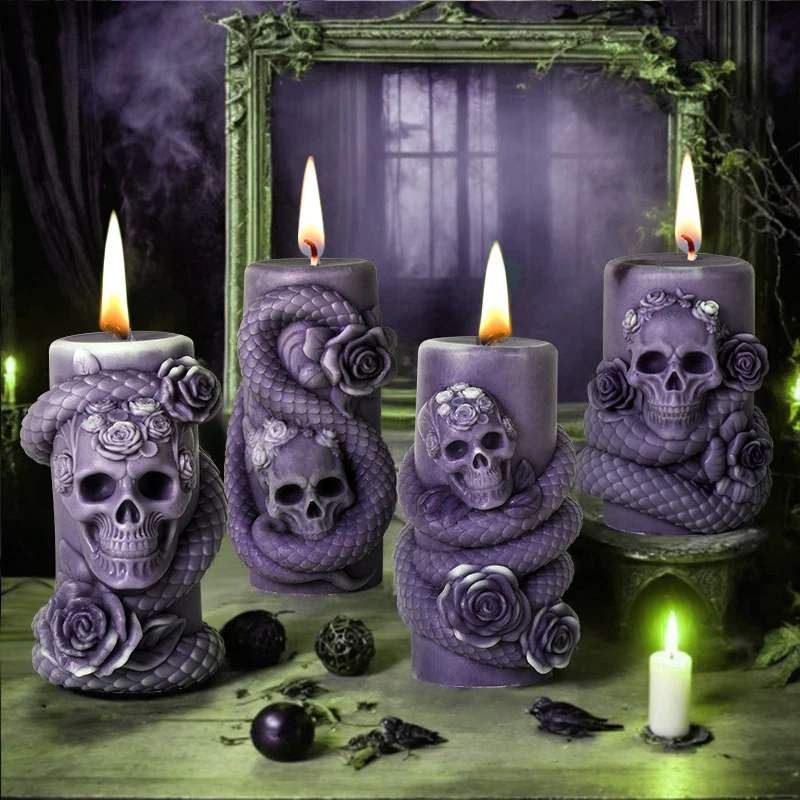 Skull Snake Cylindrical Candle Silicone Mold Halloween Candle Mold DIY Handmade Aromatherapy Gypsum Epoxy Resin Making Mould