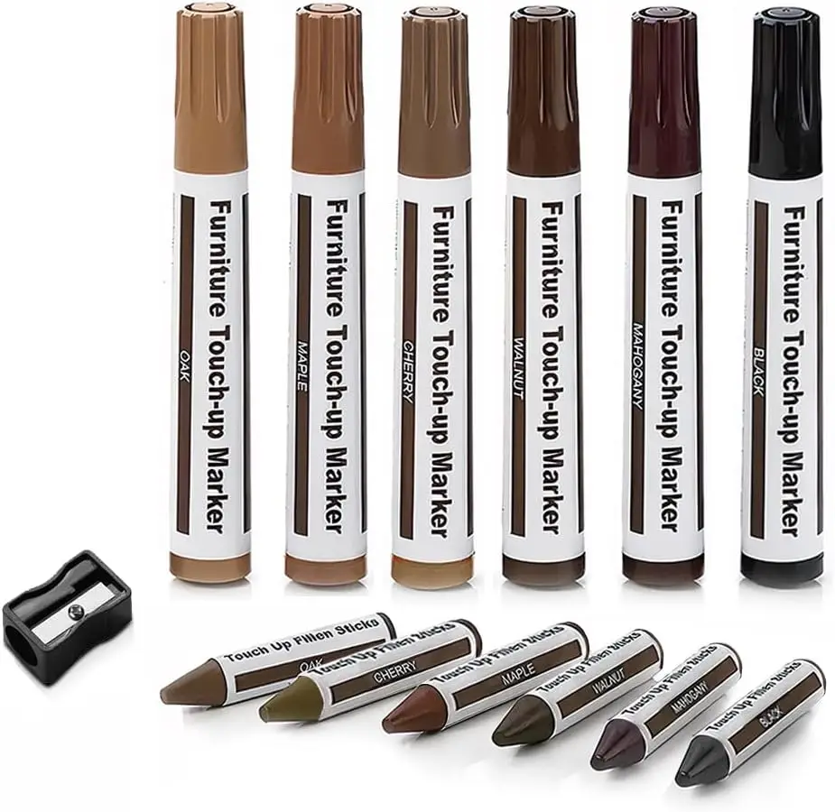 

13-Piece Wood Furniture Scratch Repair Kit: Markers & Wax Sticks for Floors, Tables, Desks, Bedposts - Covers Scratches, Stains, Holes