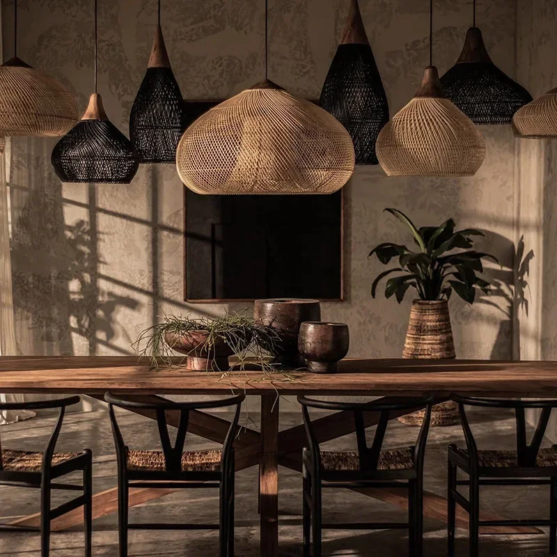 Lámparas colgantes de diseño Vintage, luz Led de ratán hecha a mano, iluminación de estilo japonés para cocina, Isla, Loft, comedor, candelabro