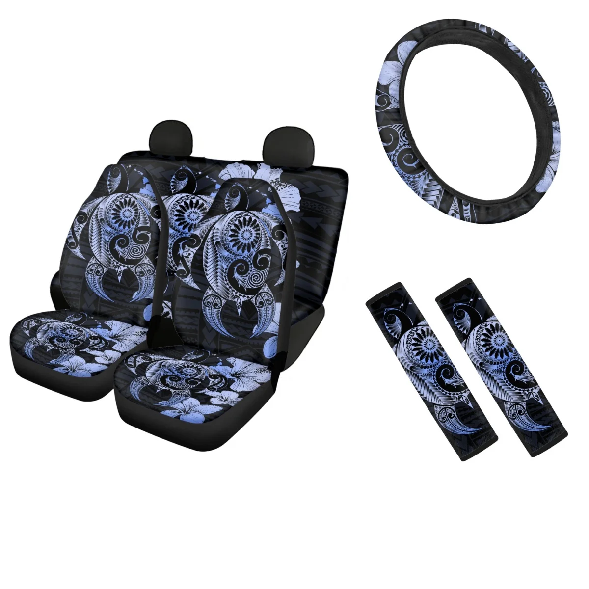 

INSTANTARTS Front Back Car Seat Covers Polynesian Tribal with Turtles Print Trend Steering Wheel Cover and Seat Belt Sets Covers