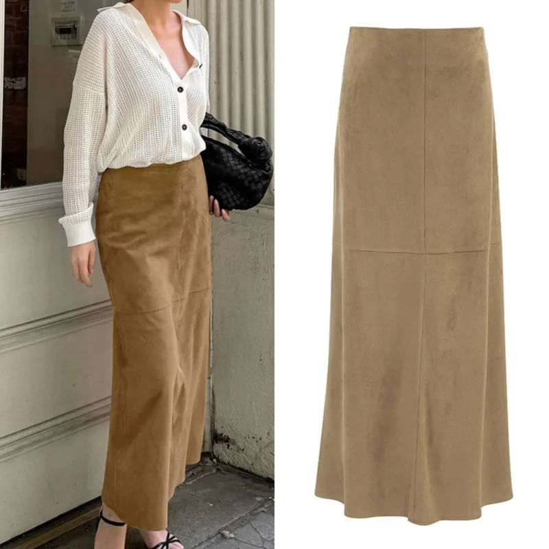 

Soft Suede Texture Skirt For Women In Neutral Khaki High Waisted Straight Fit Long Style Perfect For Fall Commute Or City Look