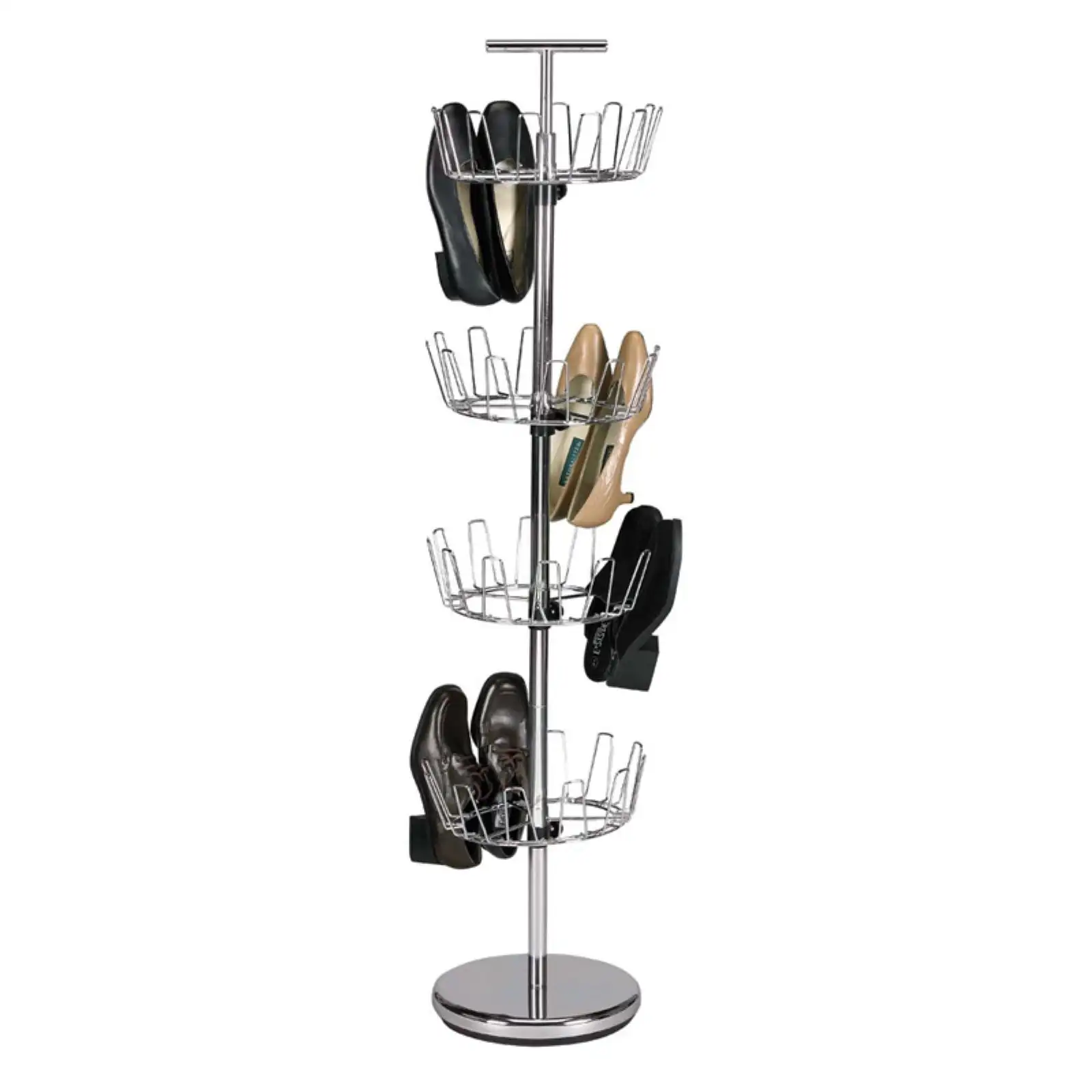 

4-Tier Revolving Shoe Tree, Silver Metal Space-Saving Shoe Organizer Entryway Shoes Storage Shelf for 24 Pairs