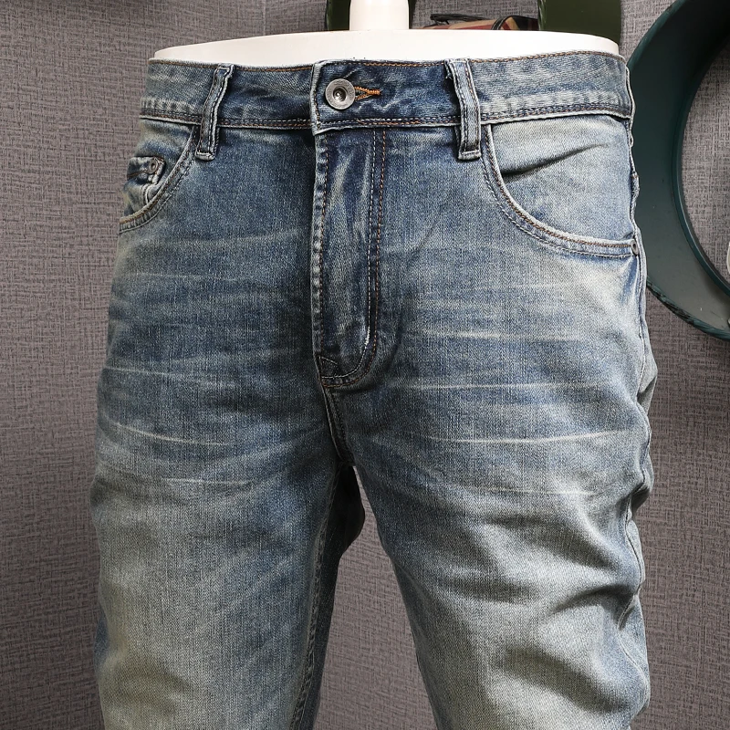 Fashion Designer Men Jeans High Quality Retro Blue Elastic Slim Fit Ripped Jeans Men European Vintage Casual Denim Pants Hombre