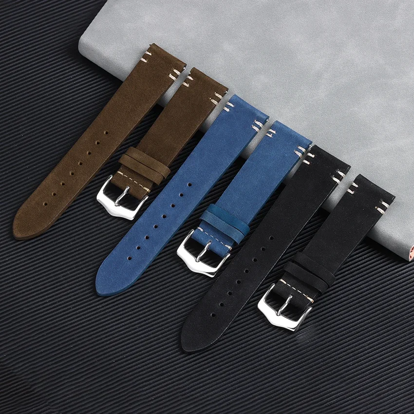 20/22mm Vintage Genuine Leather WatchBand Suede Stitching Strap Replacement Wrist Band Men Women Sport Quick Release Watch Strap