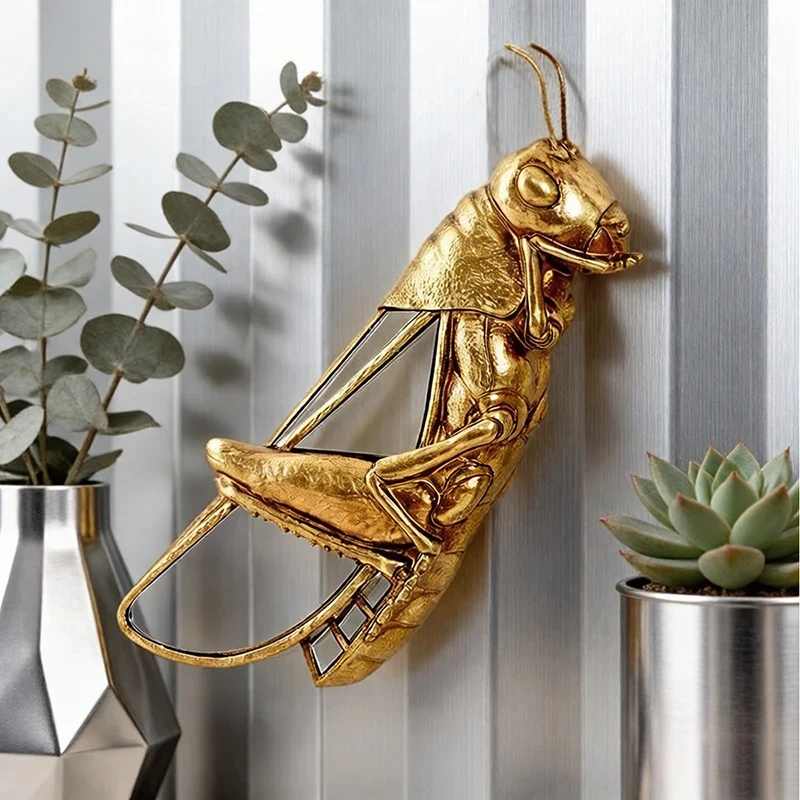 Golden Grasshopper Mirror Wings Wall Hanging Ornament Living Room Wall Background Display Locusts Insect Wall-mounted Decoration