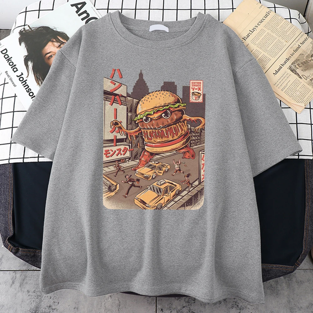 Ukiyoe Japan Style Burgerzilla Tee Shirt Harajuku Retro T Shirt Summer Street Tee Shirts Tops Casual Loose T Shirts For Mens