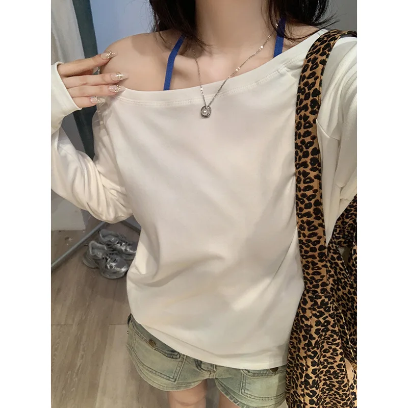 Sexy Off-oulder Crop Top Women's T-irt Casual Loose Fit Hand-Ironed Pleating Blue Color Ladies' Casual Cotton Tee