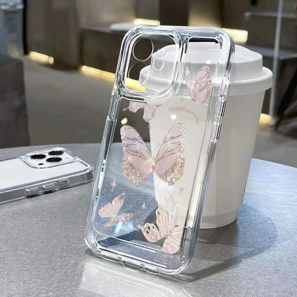 Proste, przezroczyste etui na telefon zapobiegające upadkom dla iPhone'a 15 11 14 13 12 Pro Max Plus Silicone Protect Flower Butterfly Cover