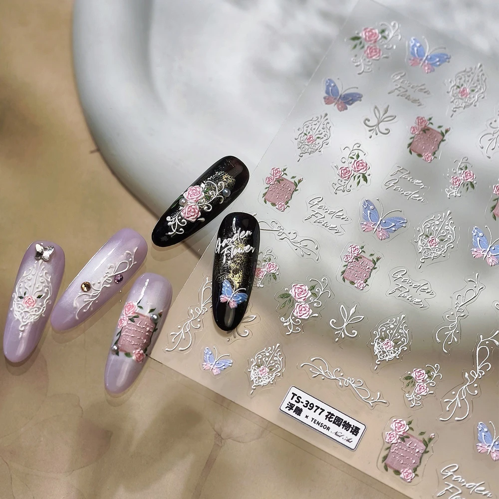 

5D Garden Flower Nail Art Stickers Embroidered Roses Butterfly Petal Floral Relief Self Adhesive Decoration Manicure Decal DIY