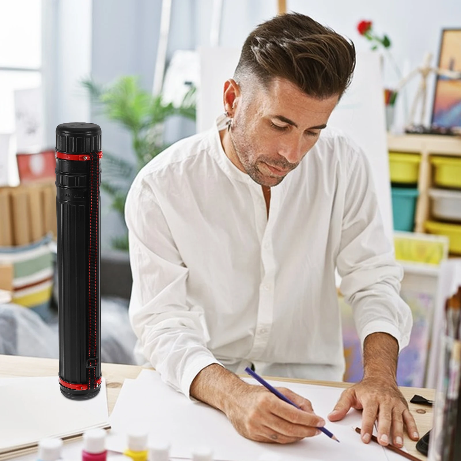 Tubo de almacenamiento de documentos ajustable Extra pequeño, negro, para obras de arte, carteles, Estuche de transporte impermeable expandible, plástico resistente