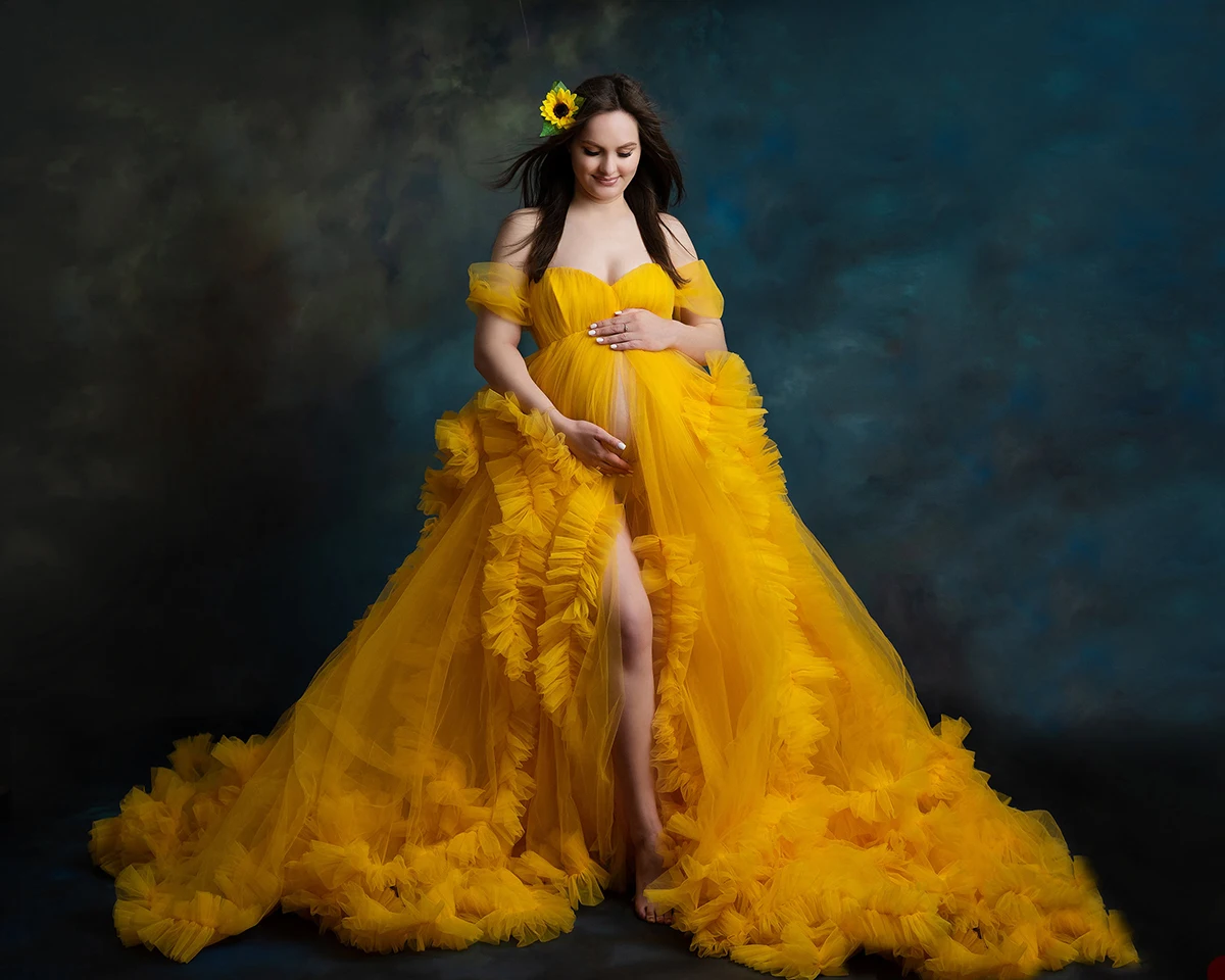 Yellow Fluffy Prom Dresses for Photo Shoot or Baby Shower Customized Sexy Sweetheart Off Shoulder Maternity Robe Photoshoot Gown