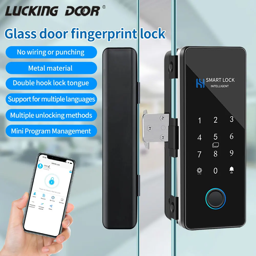 Electronic Digital Lock Fingerprint Glass Door Lock Bluetooth HAHA-Lock App Passcode IC Card Keyless Smart Phone Attendance Lock