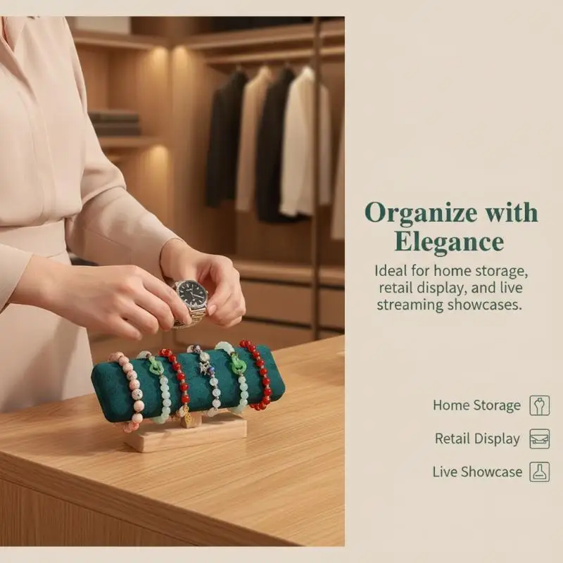 T-förmiger Schmuckständer mit Holzsockel aus PU-Leder / Samt für Armbänder, Uhren, Haarbänder und Schmuck – Aufbewahrungs- und Organisationsständer – Detail 9