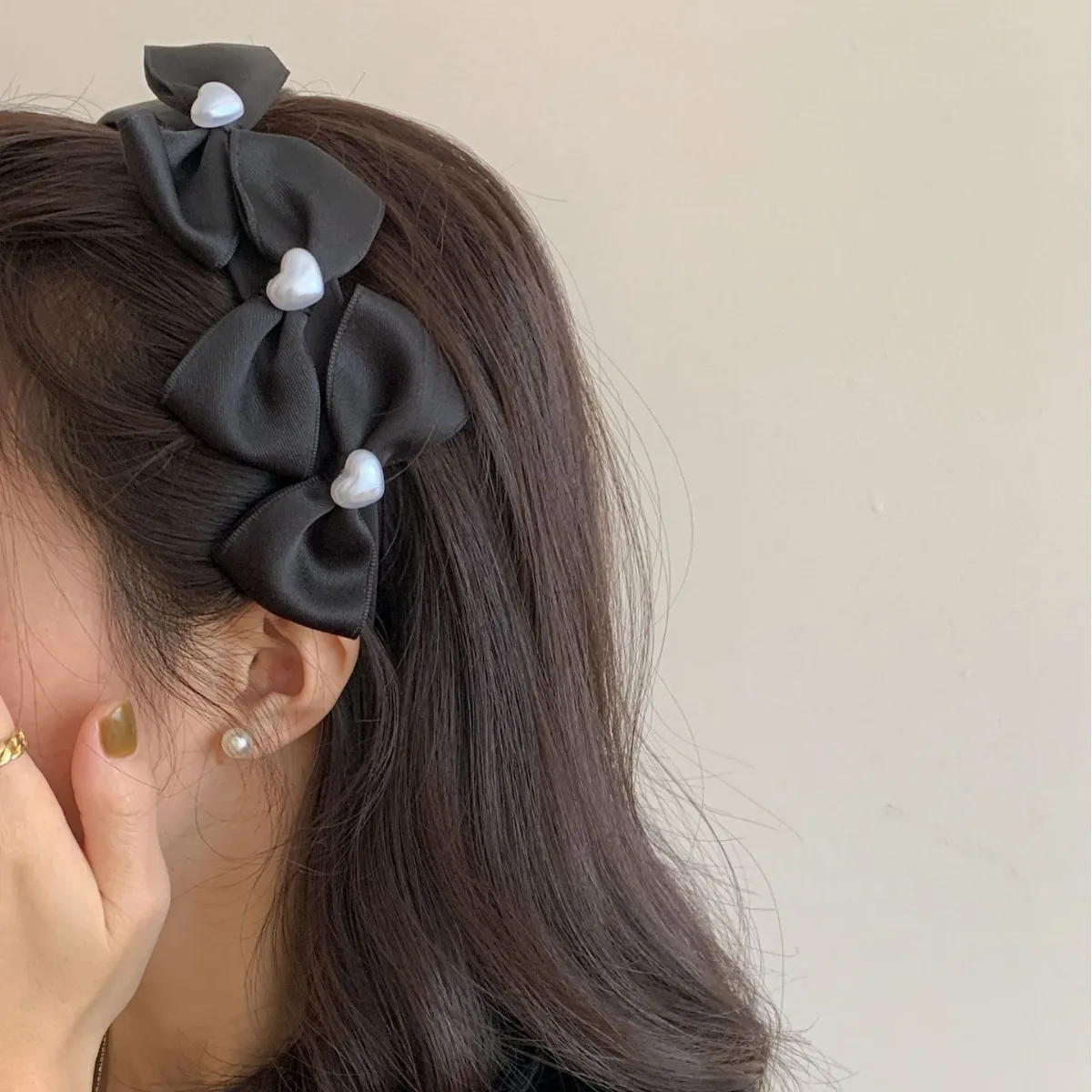 

Volumizing Headband French Style Heart Pearl Bow Premium Hair Band for Women High Crown Daily Beige