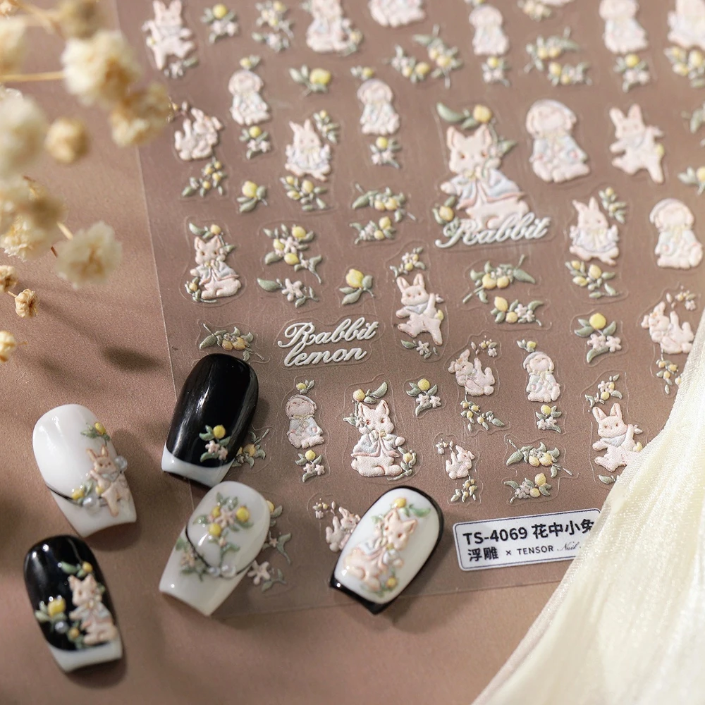 

Lovely Rabbit Lemon Flowers Cartoon 5D Reliefs Self Adhesive Nail Art Stickers Cute Bunny Strawberry Manicure Decals Wholesale