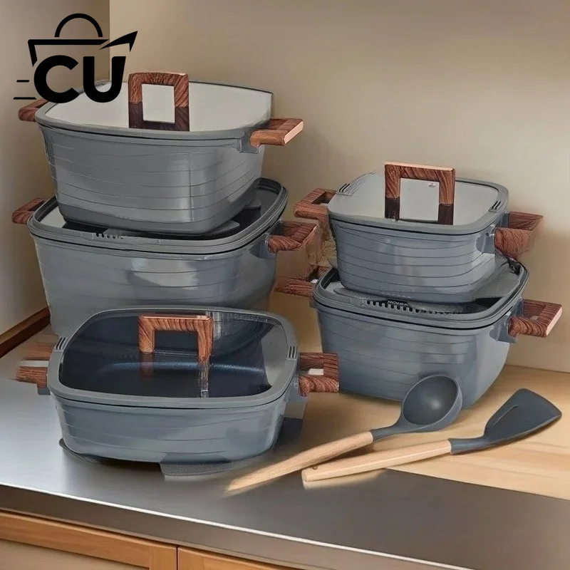 Diecasting Square Soup Pot Foreign Trade Hot-Selling Set 15-Piece Set, Bottom Covering Non-Stick Electromagnetic Heat Conduction