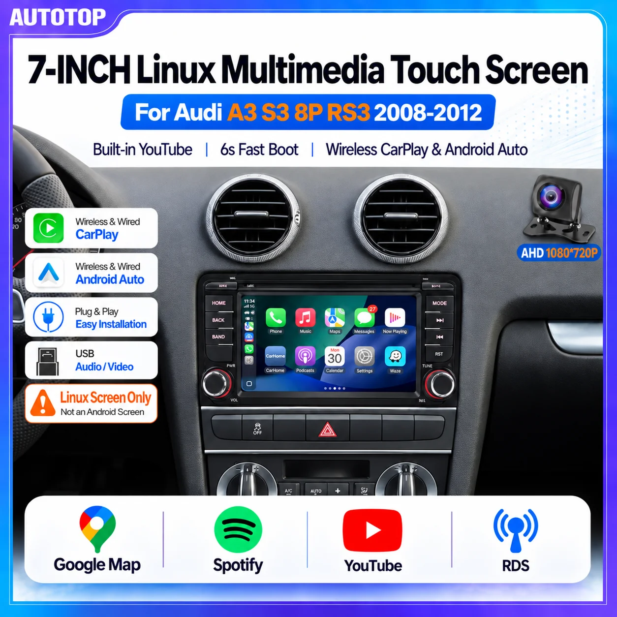 Autoradio Autotop da 7 pollici per Audi A3 8P 3 porte 2003-2012, 8Pa Sportback 5 porte 2004-2013, 8P7 Cabriolet 2008-2013, Carplay wireless, Android Auto, lettore multimediale Linux, schermo touch IPS
