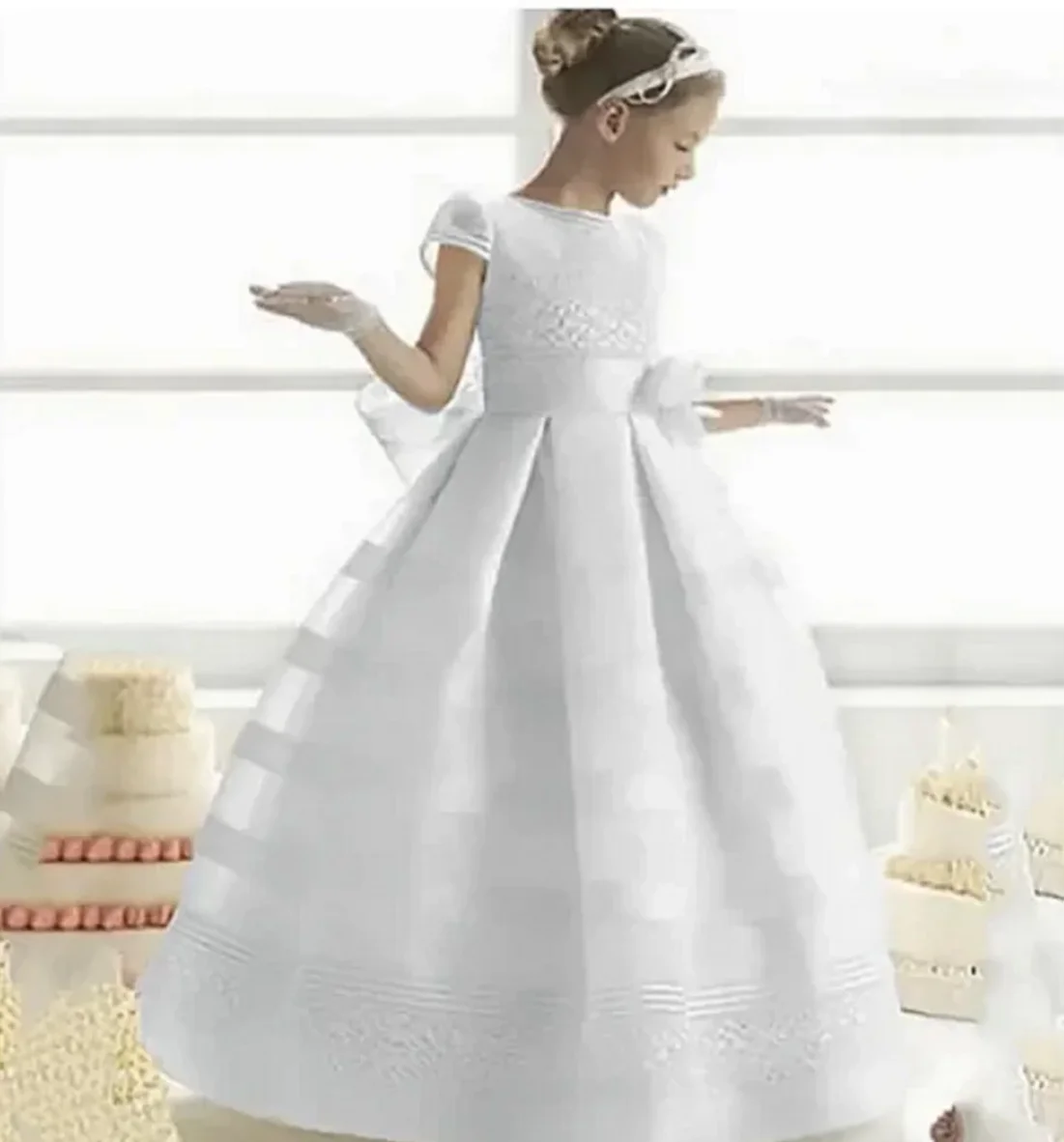 Communion Dress Made with Satin Fabric with Vintage-like Laces Bow and Covered Buttons for Closure