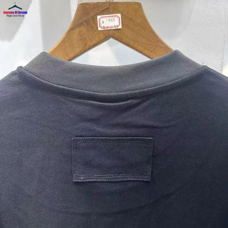 New Summer Heavyweight Patchwork Retro Round Neck Loose-fitting Topstitched Men's Women's Casual T-shirt Tops