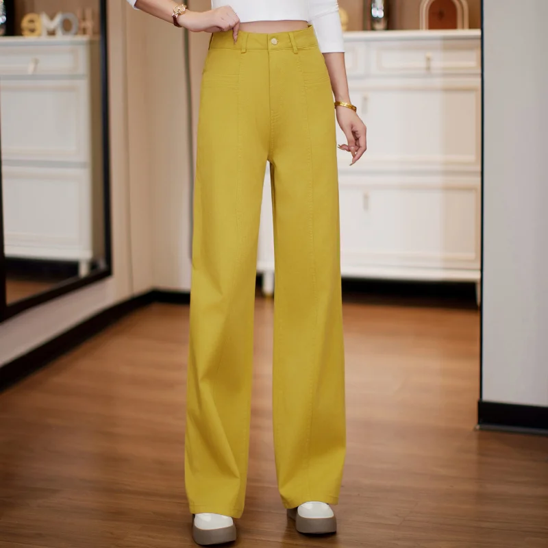 Celana Jeans Kuning untuk Wanita Musim Semi dan Musim Gugur Celana Lurus Ramping Pinggang Tinggi Baru Celana Kaki Lebar Retro