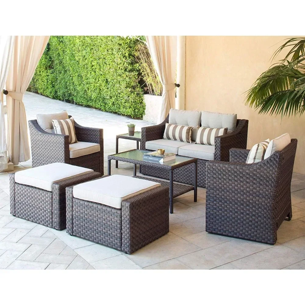 Outdoor Patio Furniture Set 7-Piece Brown Wicker Conversation Furniture Set Patio Lounge Chairs