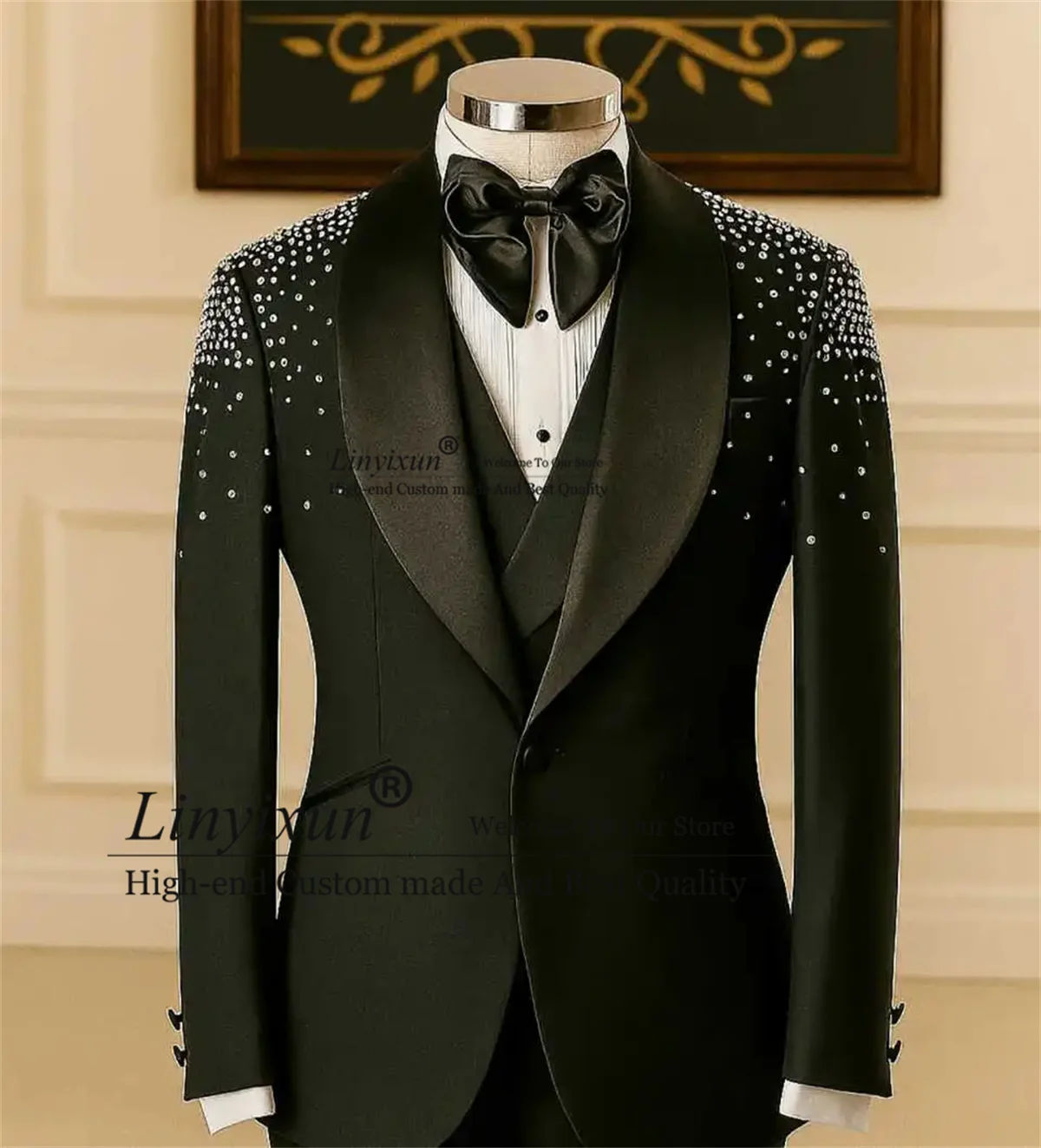 

Shiny Stone Diamond Tuxedo Men Suits Fashion Shawl Lapel Costume Homme 3 Pieces Sets Wedding Groom Slim Customized Prom Blazers
