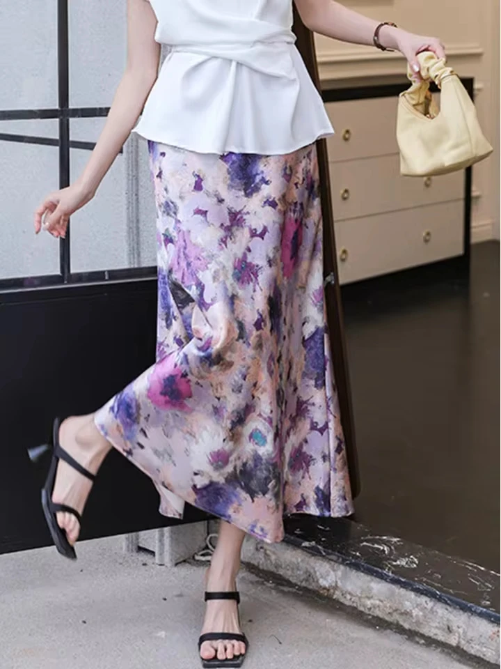 New High-waisted Satin Flowers Print A-line Women's Skirts 2026 Spring Summer Fashion Elegant Bodycon Long Skirt