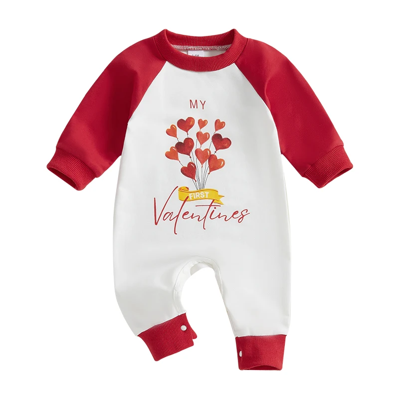 

Baby Jumpsuit Long Sleeve Crew Neck Heart Print Fall Romper Valentine’s Day Clothes for Boys Girls