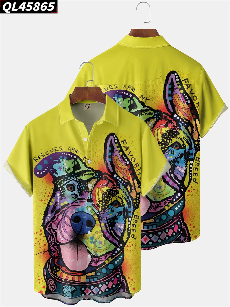 

Hawaiian Men Cute Dog Print Shirt Loose Breathable Clothes Summer Streetwear Casual Turn-down Collar Short Sleeve Tops