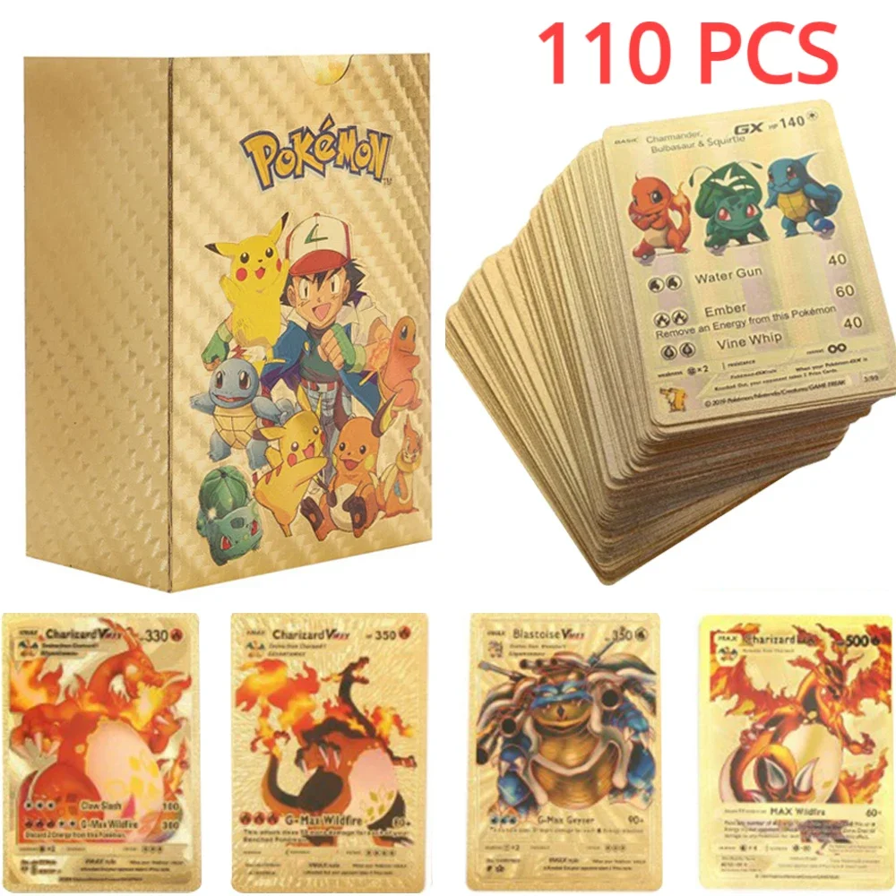 27-110Pcs Pokemon Gold Foil Card VMAX GX Cards English French German Spanish Charizard Pikachu Arceus Colour Pokémon Cards Gift