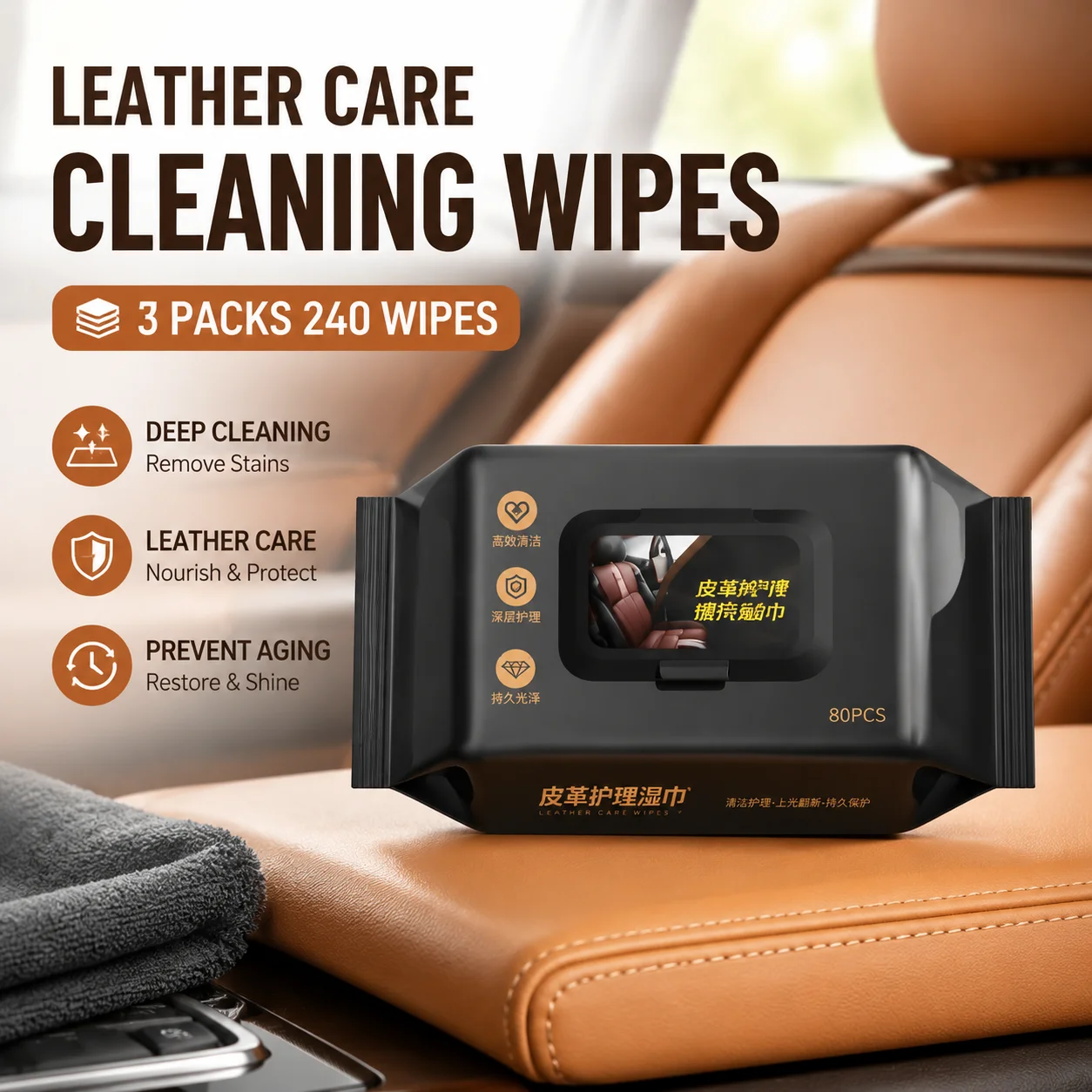Leather Cleaning Wipes 3-in-1 Clean Shine Protect Car Interior Care Wipes Stain Removal for Leather Clothes, Shoes and Bags