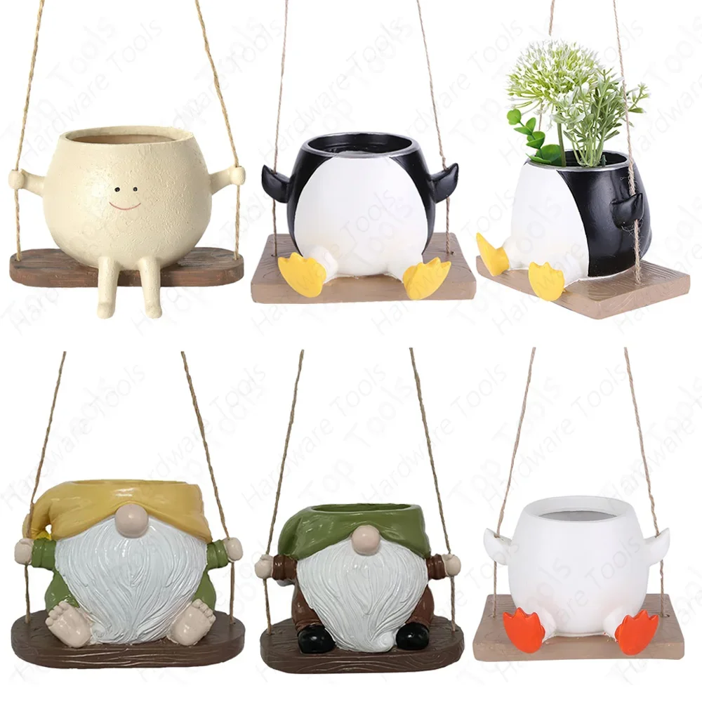 Swing Flower Pot Resin Hanging Gnome Penguin Smile Face Planter Creative Succulent Plant Hanging Pot Container Garden Decoration