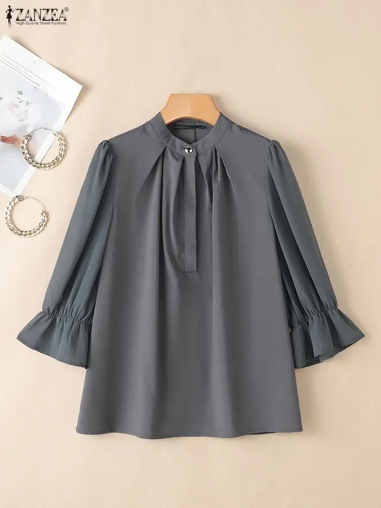 ZANZEA بلوزات نسائية أنيقة أنيقة بياقة الماندرين وتفاصيل مطوية 3/4 كم منتفخ نصف بلاكيت بلون واحد قطع علوية للسيدات S-3XL #3