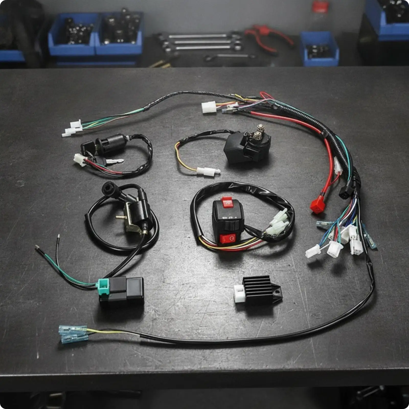 Off Road ATV Wiring Harness Assembly 7 PC Set for 50cc 90cc 110cc Beach Quad with CDI Ignition Key Switch and High Tension Coil