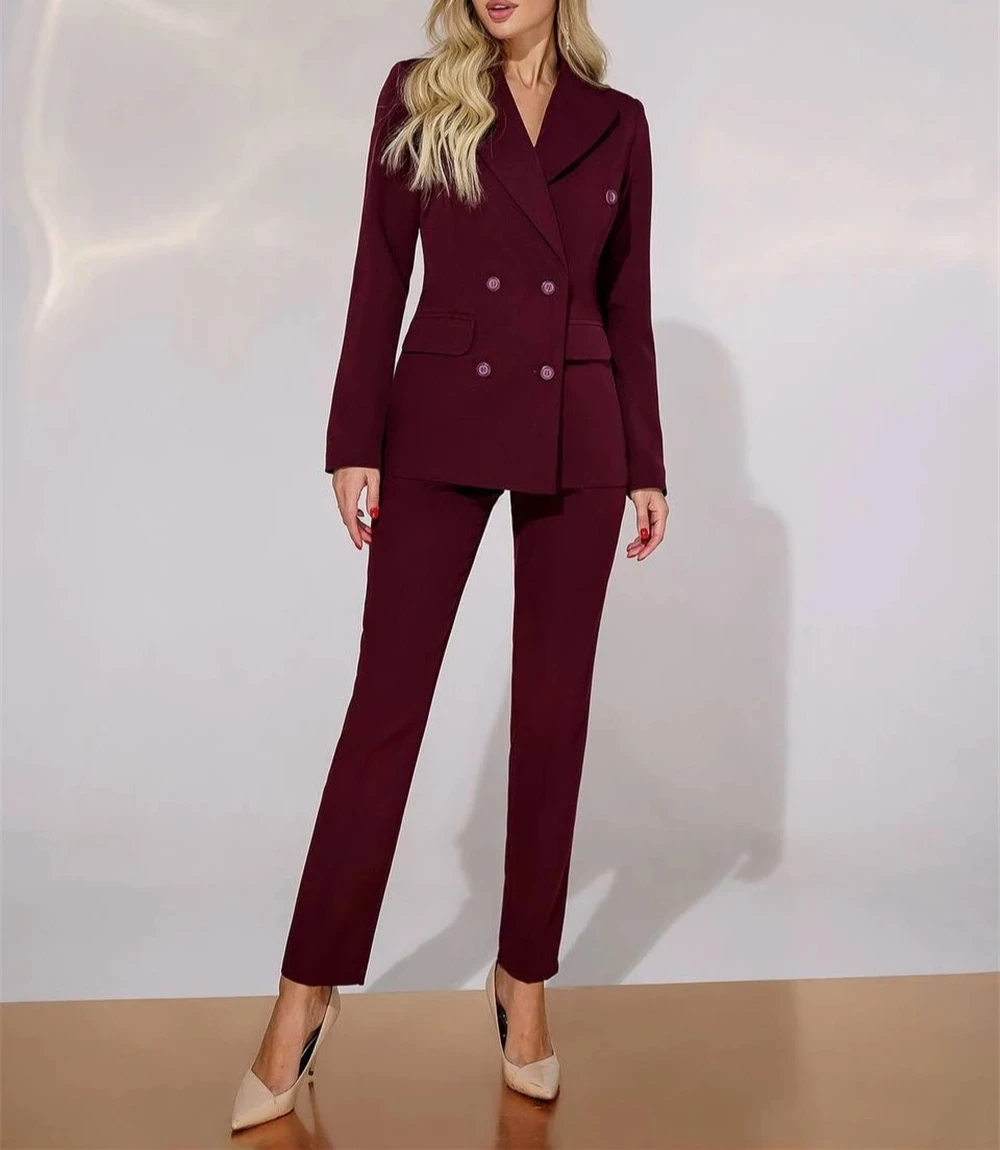 

Red Double Breasted Women Pantsuit Burgundy Blazer Trouser Suit 2025 Slim Fit Prom Suit Set Customized