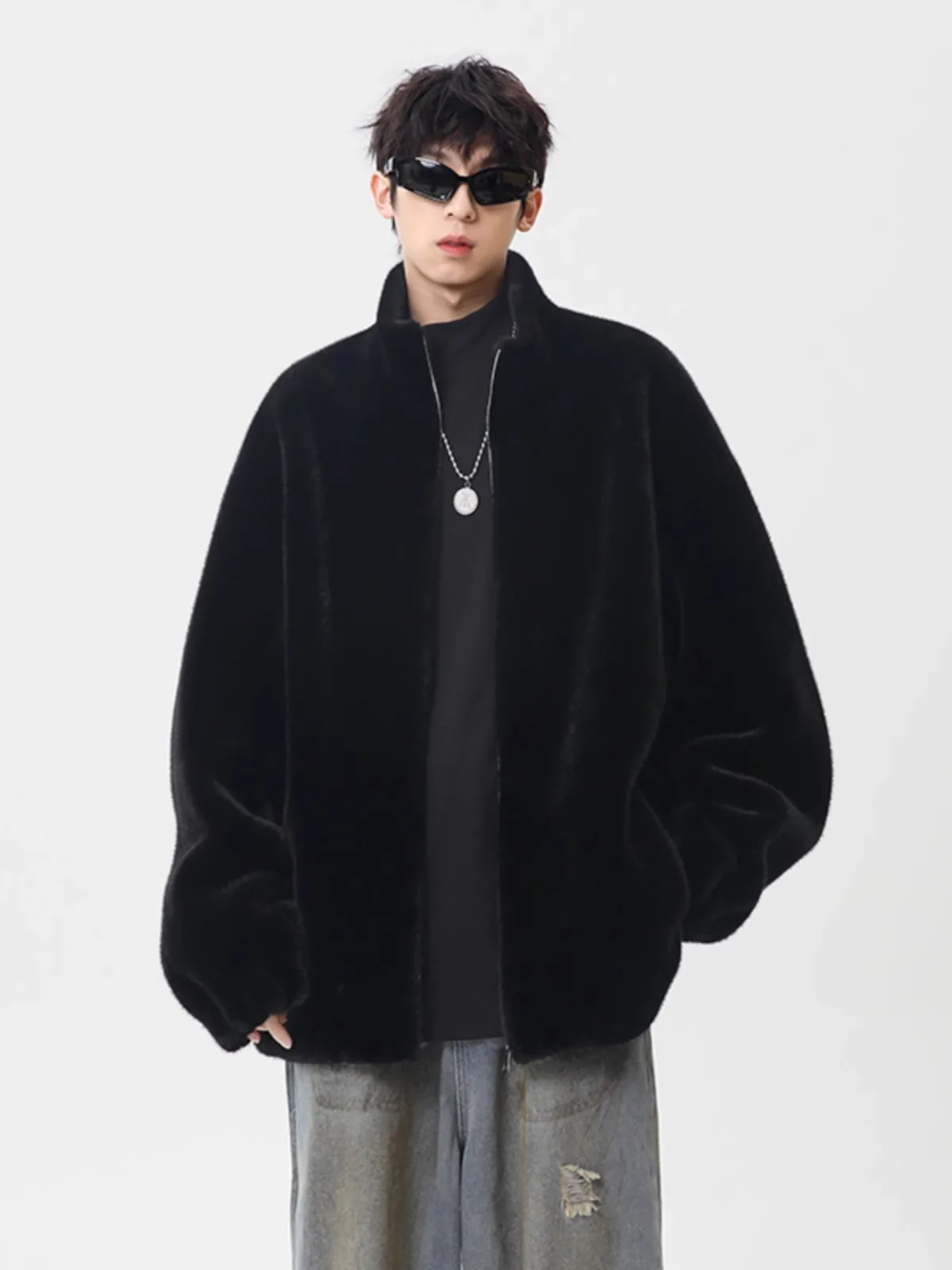 

Bla Stand Collar Faux Fur Jaet Men's Winter Thiened Fce Lined Cotton Workwear American High Street Sle Coat