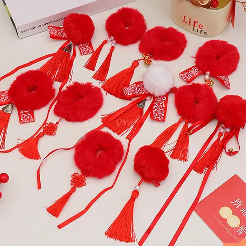 1/2/3PAIRS Plush Hair Ties Perfect For Special Occasions Practical Chinese Fashion Childrens Red Hairband Hair Rope Side Clip