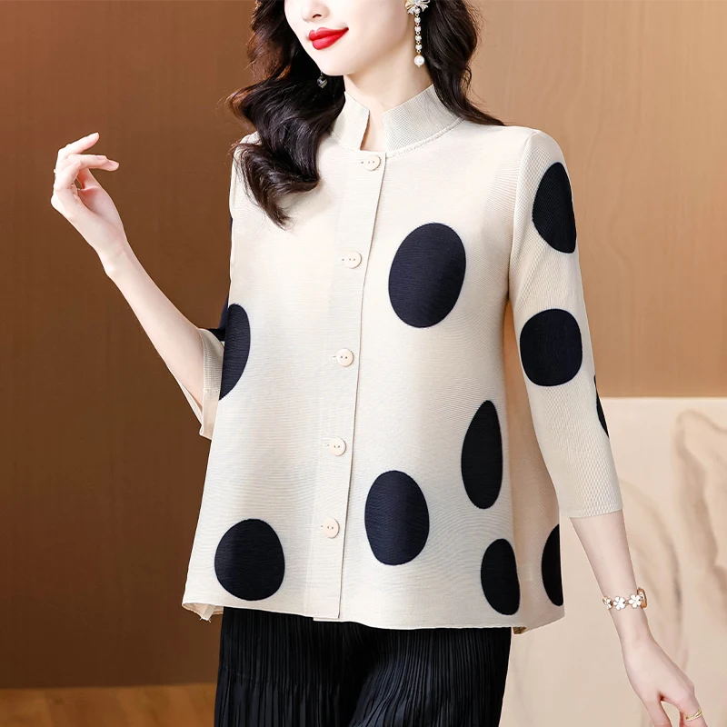 Summer Pleated Loose Shirt Women Stand Collar Single Breasted Dot Print Casual Blouse Vintage Female Tops 2024 Chinese Style New