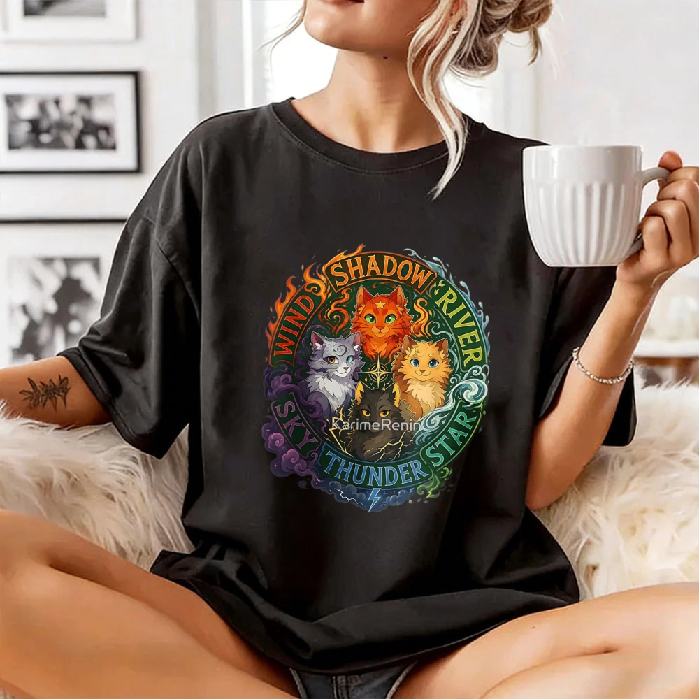 Fantasy Warrior Cats Tees Elements Clan Crest Fire Star Thunder River Wind Shadow Classic T-Shirt Warrior Cats Cotton Tshirt